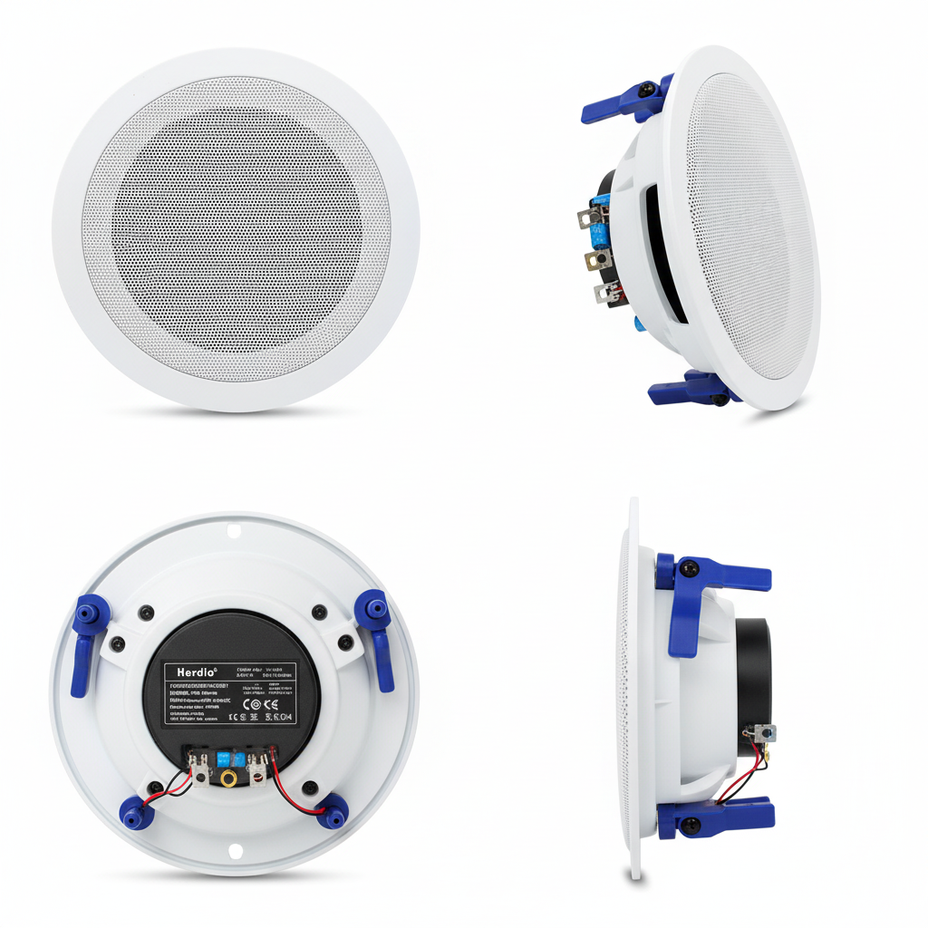 Herdio in-ceiling speaker detailed views - front, back and side angles showing flush mount design and components