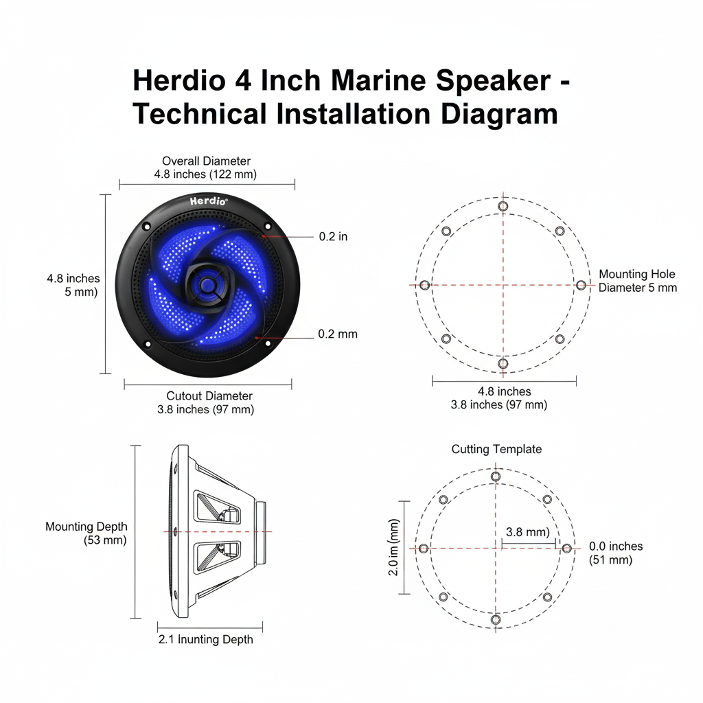 4 inch marine speakers installation dimensions and cutout size diagram