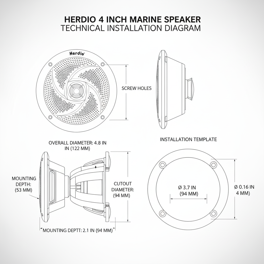 Installation dimensions and mounting depth diagram for 4 inch speakers