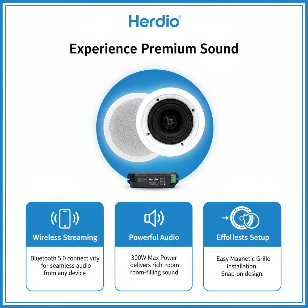 Herdio ceiling speaker key features - Bluetooth 5.0 connectivity, 300W power output, magnetic grille installation system