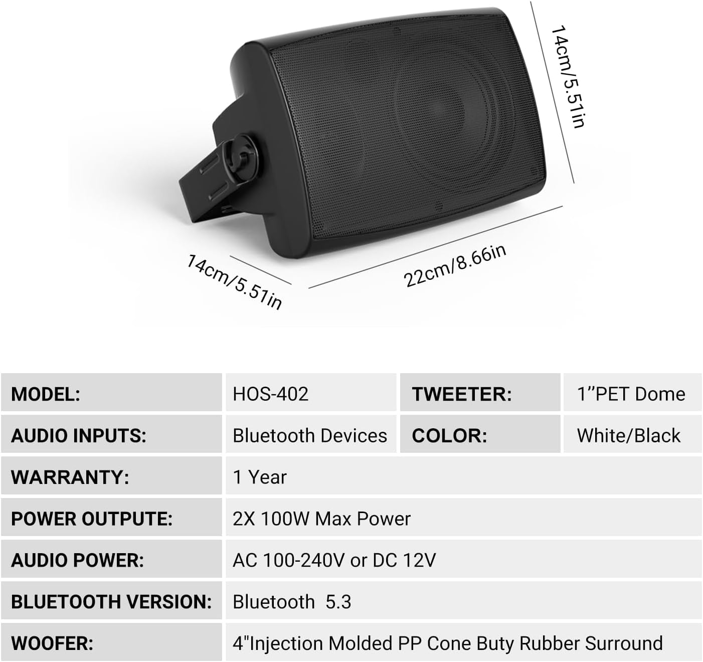 Masteronly 4"Indoor Outdoor Bluetooth Speakers IP66 Waterproof with Powerful Bass, 2-Way Wall Mount 200W - HOS402BT