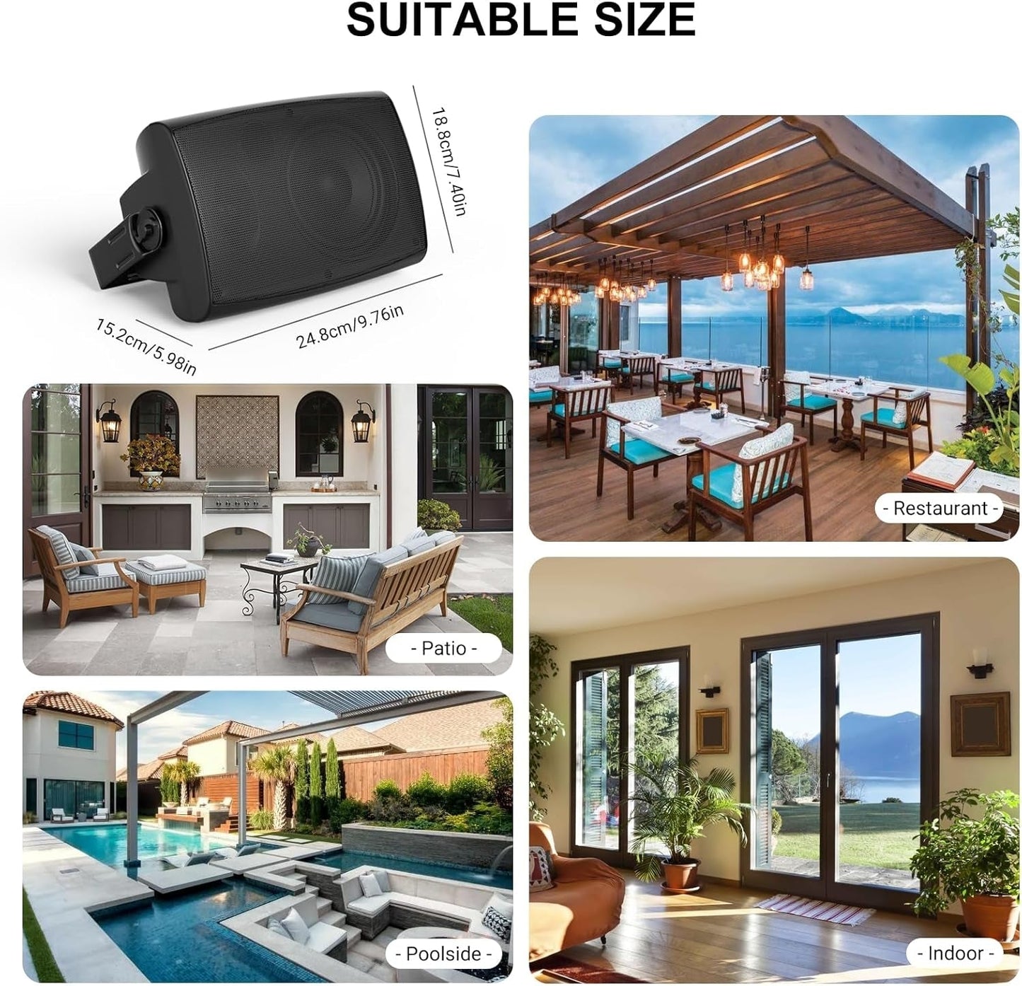 Masteronly 5.25" Passive Outdoor Speakers Waterproof Wired, 300W Wall Mount Speakers with Superior Sound,Dual Swivel Brackets for Patio/Deck/Backyard (Pair, Black)
