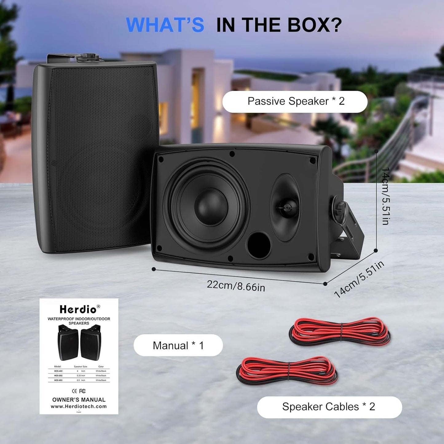 Masteronly 4" Indoor Outdoor Passive Speakers IP66 Waterproof with Powerful Bass, 2-Way Wall Mount 200W - HOS402