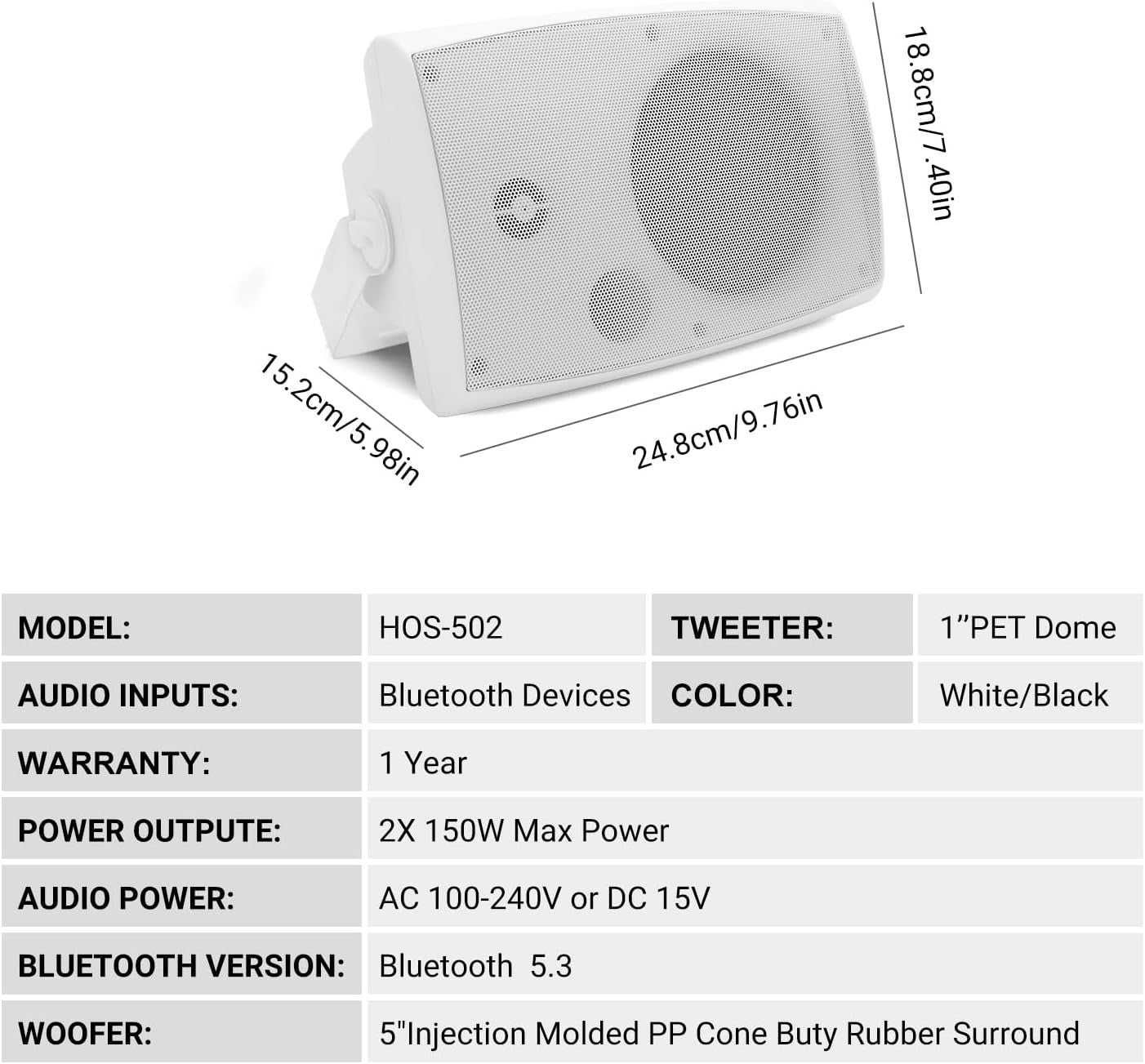 Masteronly 5.25" Indoor Outdoor Bluetooth Speakers IP66 Waterproof with Powerful Bass, 2-Way Wall Mount 300W