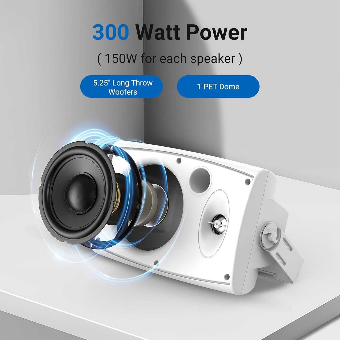 Masteronly 5.25" Indoor Outdoor Bluetooth Speakers IP66 Waterproof with Powerful Bass, 2-Way Wall Mount 300W