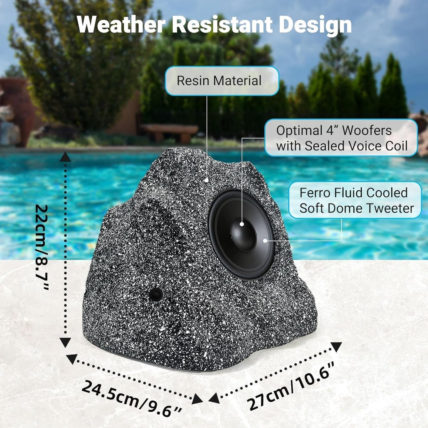 Masteronly 4" Outdoor Rock Bluetooth Speakers IPX7 Waterproof Wired Max Power 400 Watt All Weather for Deck Pool Backyard Patio Garden (2 Pair)