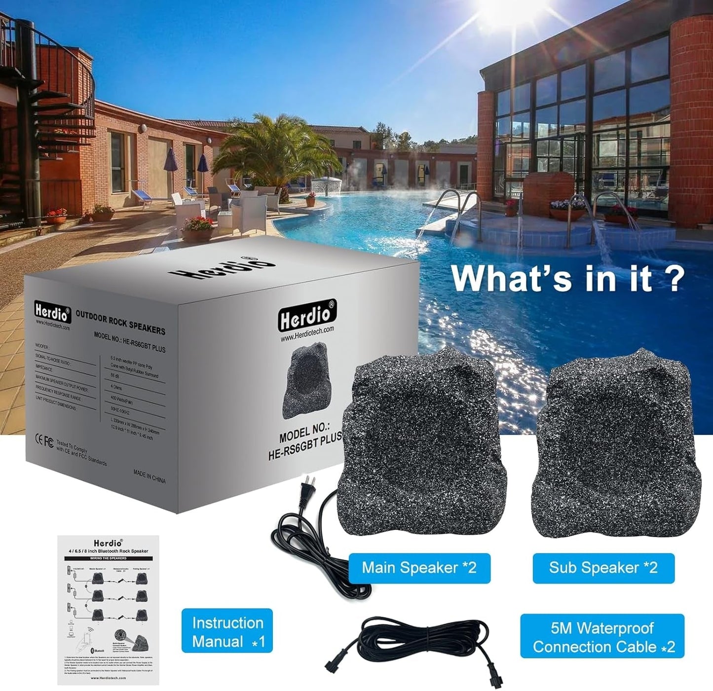 Masteronly 4" Outdoor Rock Bluetooth Speakers IPX7 Waterproof Wired Max Power 400 Watt All Weather for Deck Pool Backyard Patio Garden (2 Pair)
