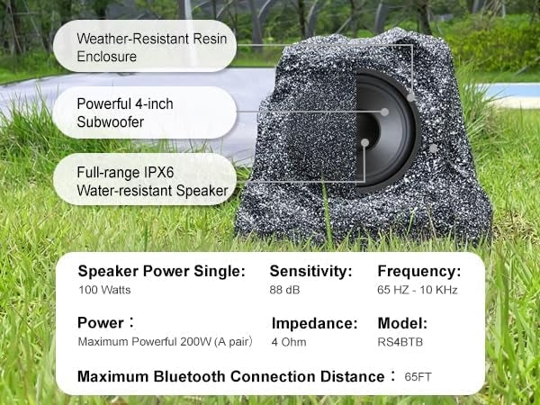 Masteronly 4" Outdoor Bluetooth Rock Speakers 200W IPX7 Waterproof - Pool Patio Garden Audio (Pair)