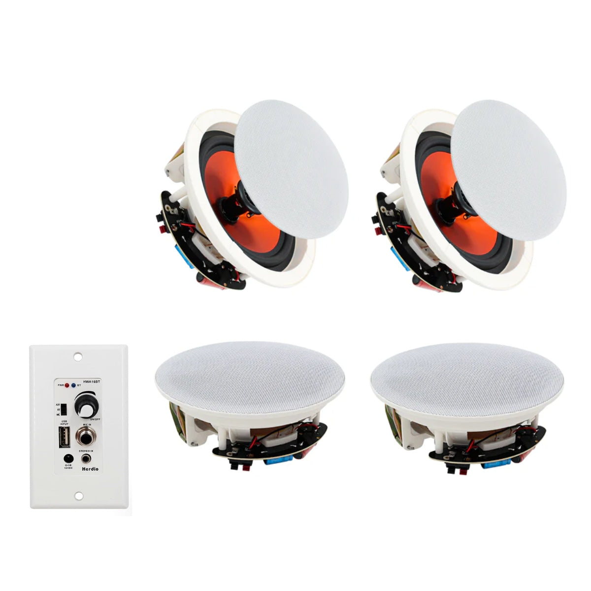 Herdio 6.5 inch Bluetooth ceiling speakers 600W flush mount - 2 pairs white paintable grille