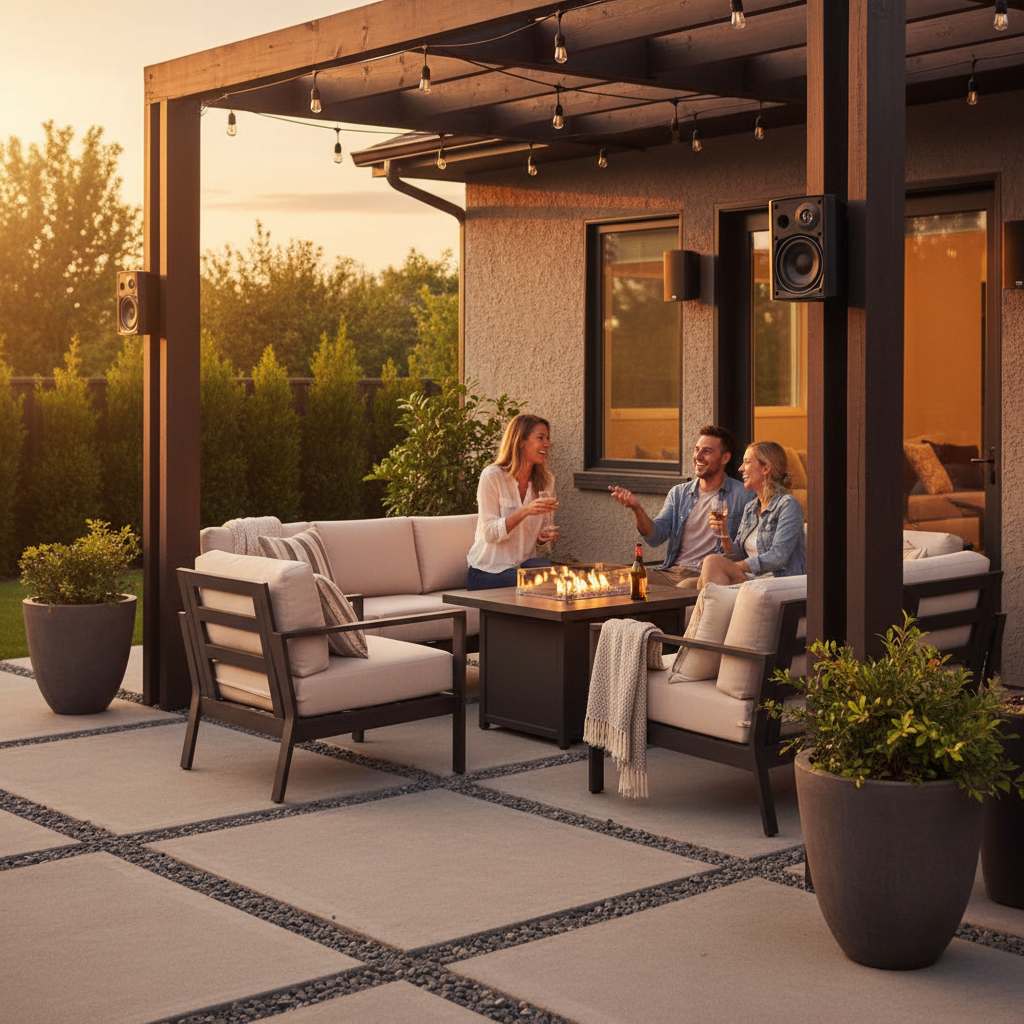 Weatherproof Bluetooth outdoor speakers mounted on patio pergola delivering premium sound for outdoor entertainment and gatherings
