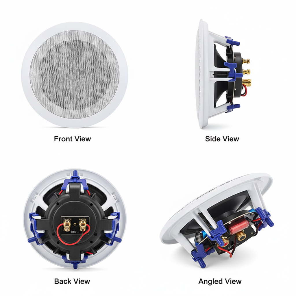 Multiple angles view of Herdio 5.25 inch ceiling speaker showing flush mount installation design