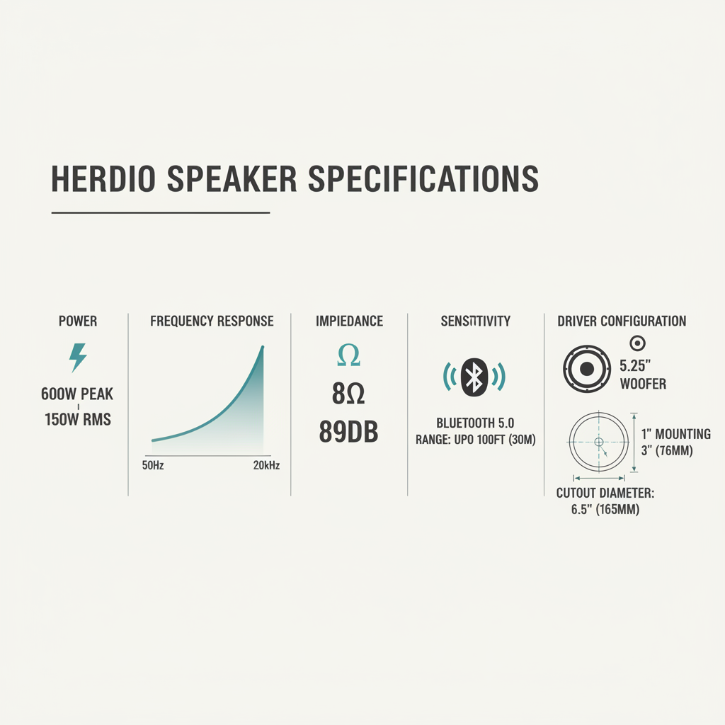 Technical specifications and dimensions of Herdio 5.25 inch 600W ceiling speaker system